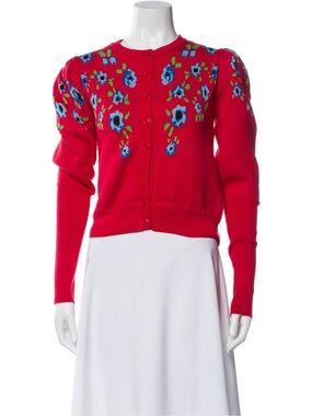 NWT Molly Goddard Sonia Red Jacquard-Knit Floral Cotton Cardigan Sweater